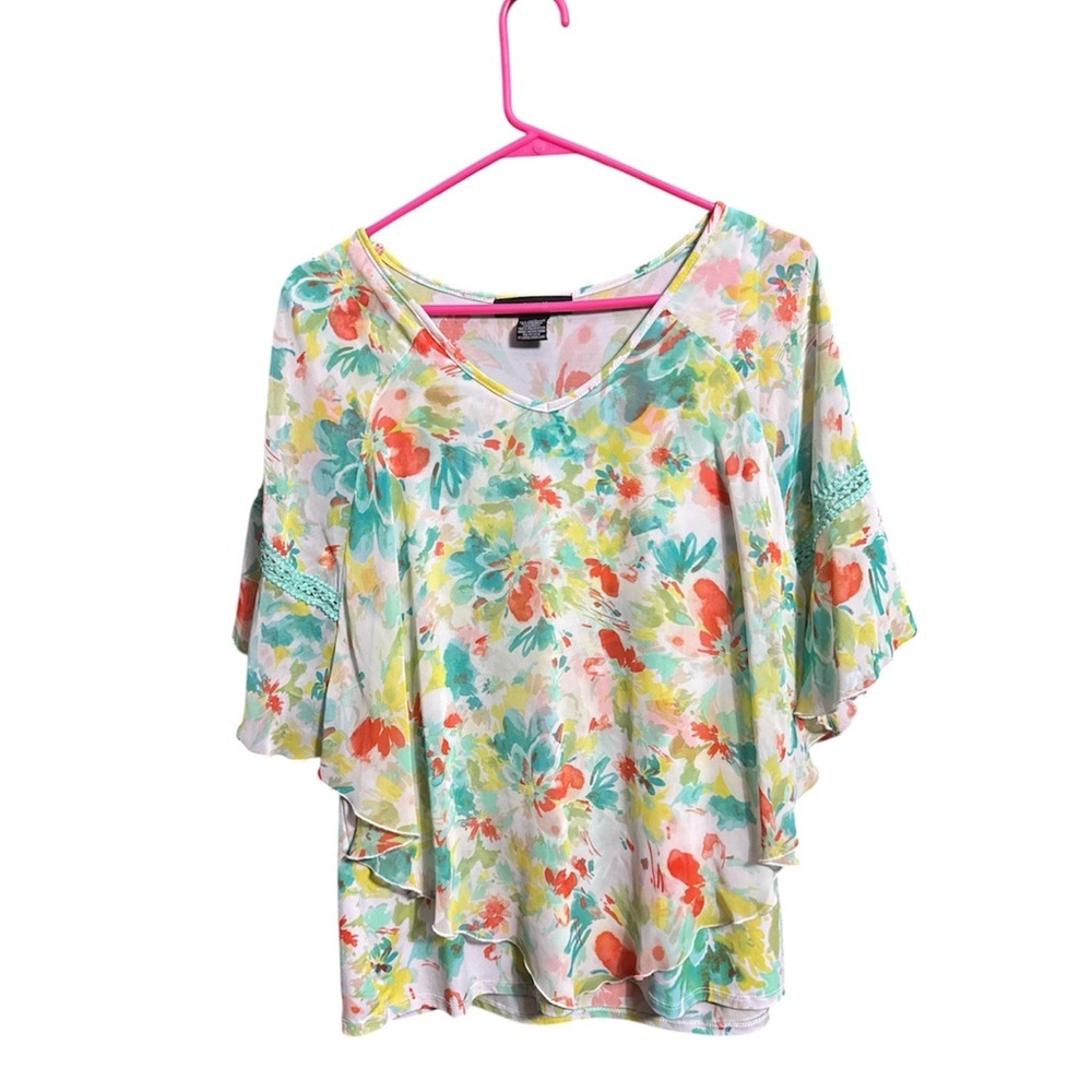 Adele & May Floral Sheer Overlay Top XL – Crochet Lace Detail